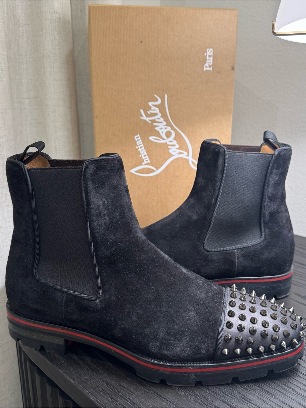 Christian Louboutin Melon Spikes Chelsea Boots Suede Black 42
